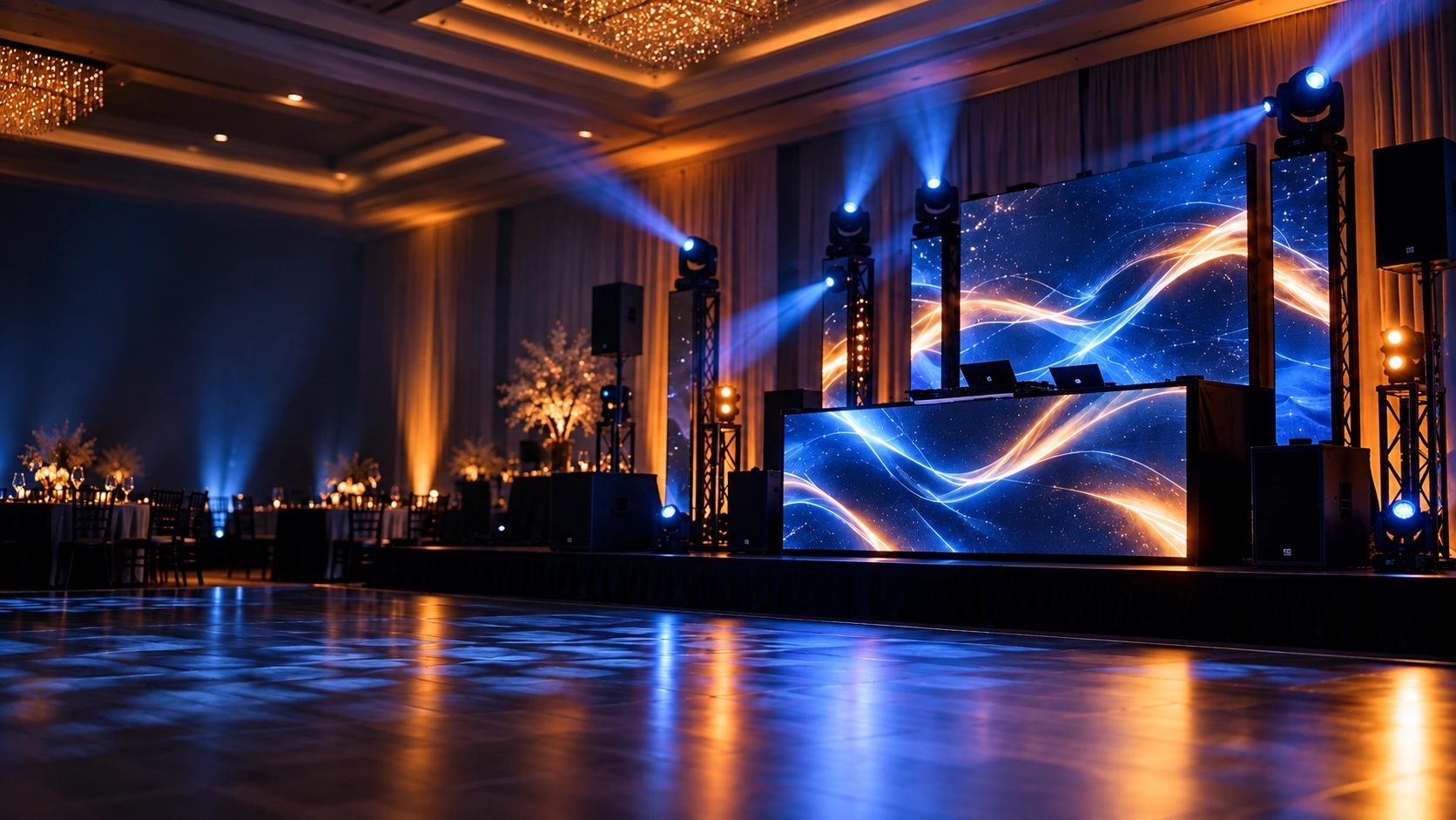 Illustrative corporate event stage with a large LED display, lighting and an open dance floor.