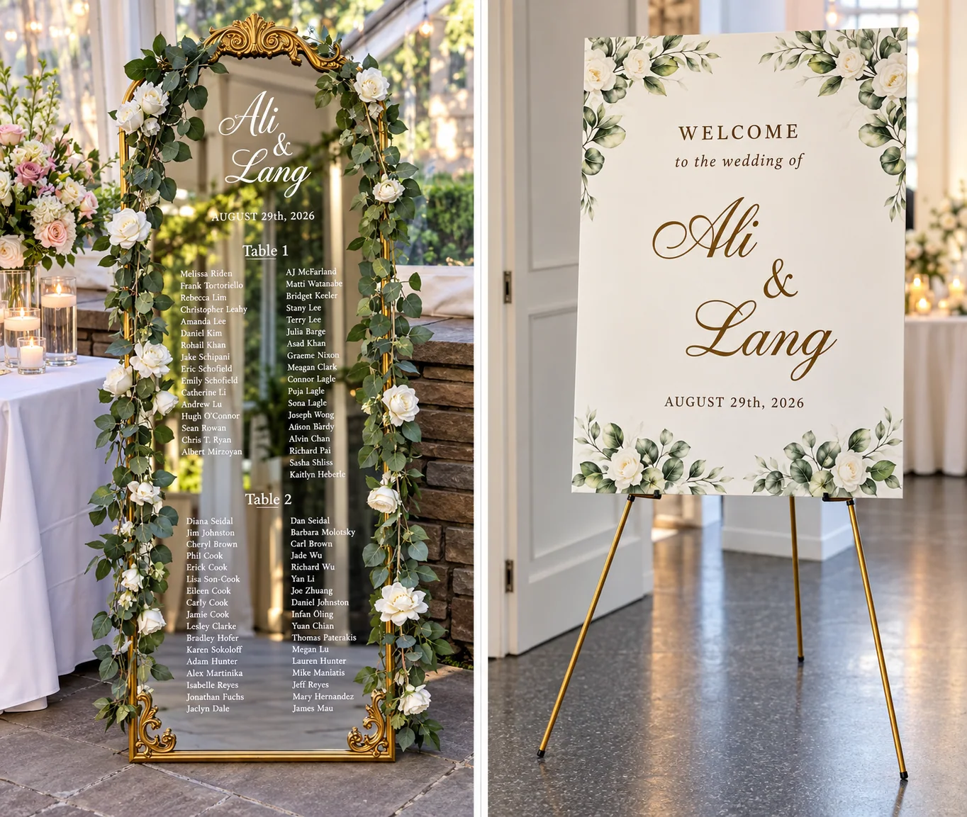 A real floral mirror seating chart and coordinated welcome sign for Ali and Lang’s wedding.