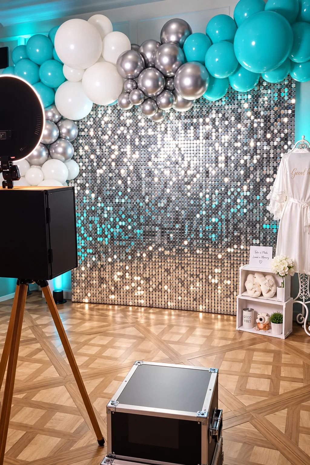 Open-air photo booth with a balloon installation and reflective backdrop at an All Generations event.